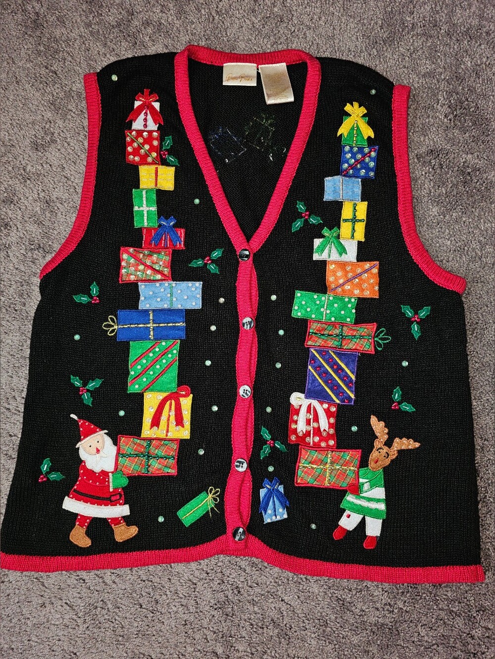 Vintage Bobby Brooks Novelty Christmas Vest Santa Reindeer Beaded Appliques Sz L